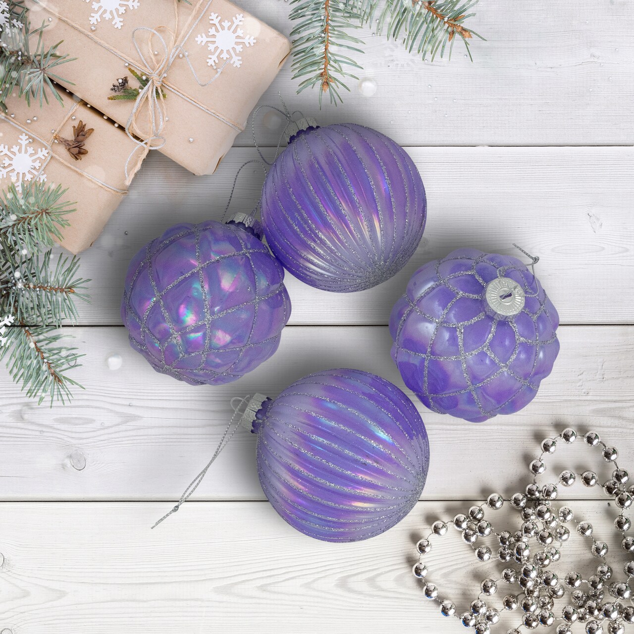 Northlight Shiny Glittered Iridescent Glass Ball Christmas Ornaments - 3" (80mm) - Purple - 4ct